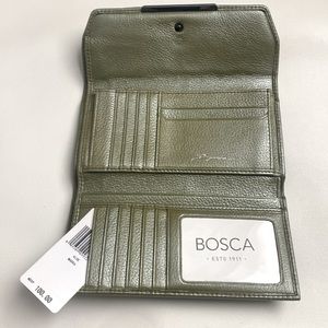 Bosca leather trifold wallet pearl green NWT slight discoloration on last photo